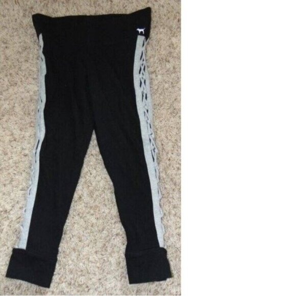 Womens Victorias Secret PINK Yoga Pants Medium Black Cropped White Strappy Legs - Picture 1 of 6